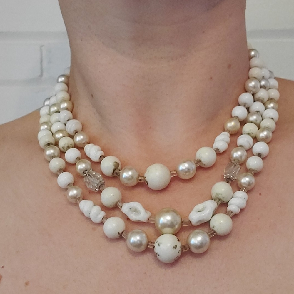 Vintage glass bead 3 strand tiered choker necklace